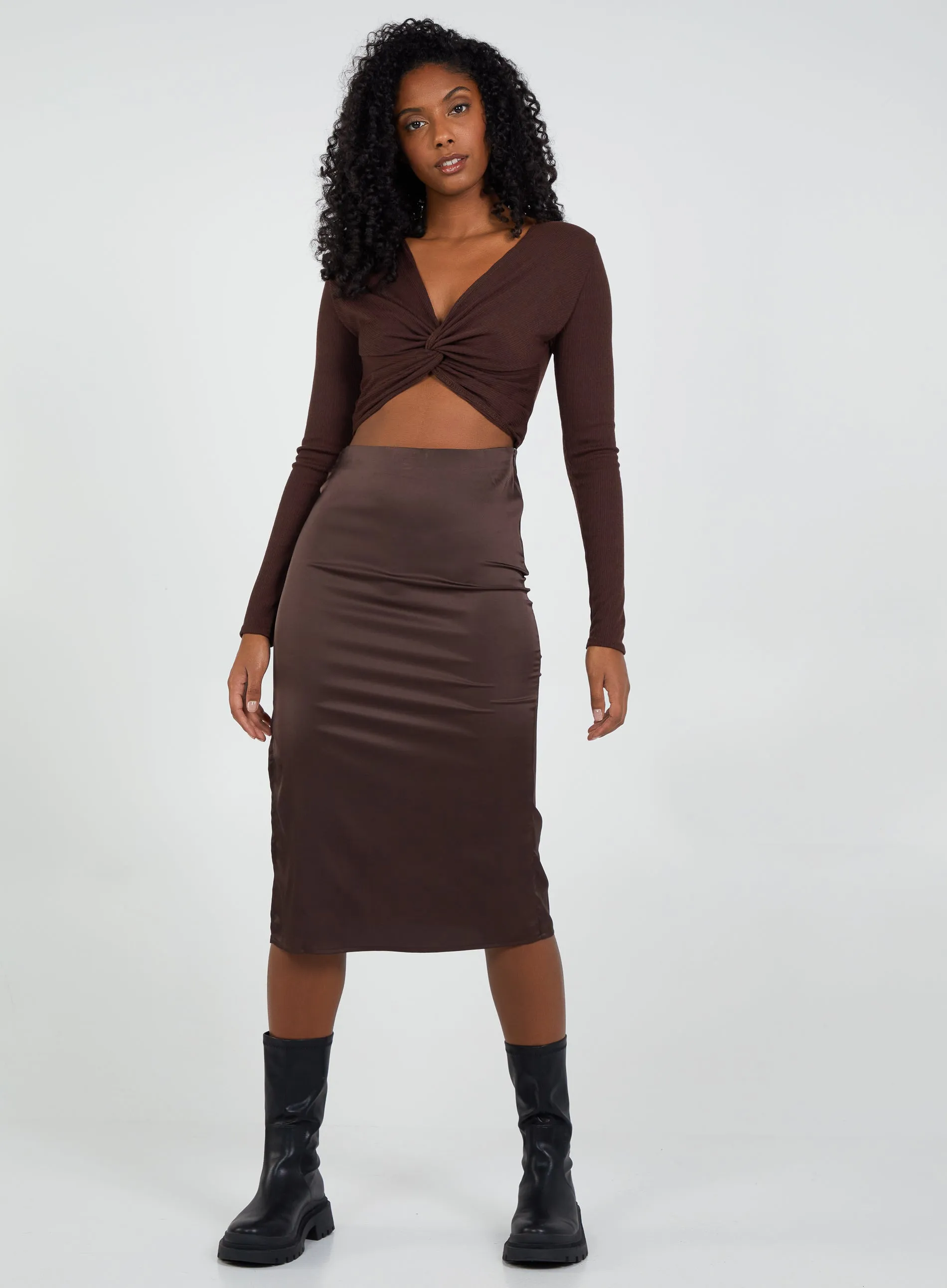 Knot Front Long Sleeve Ribbed Top