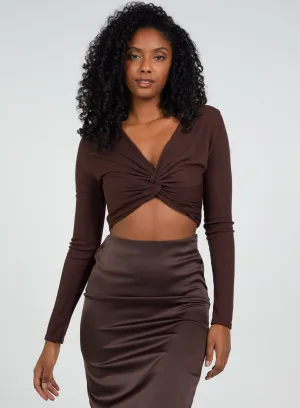 Knot Front Long Sleeve Ribbed Top