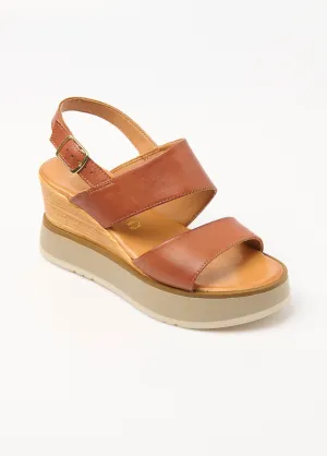 Leather wedge sandals, wood-look heel