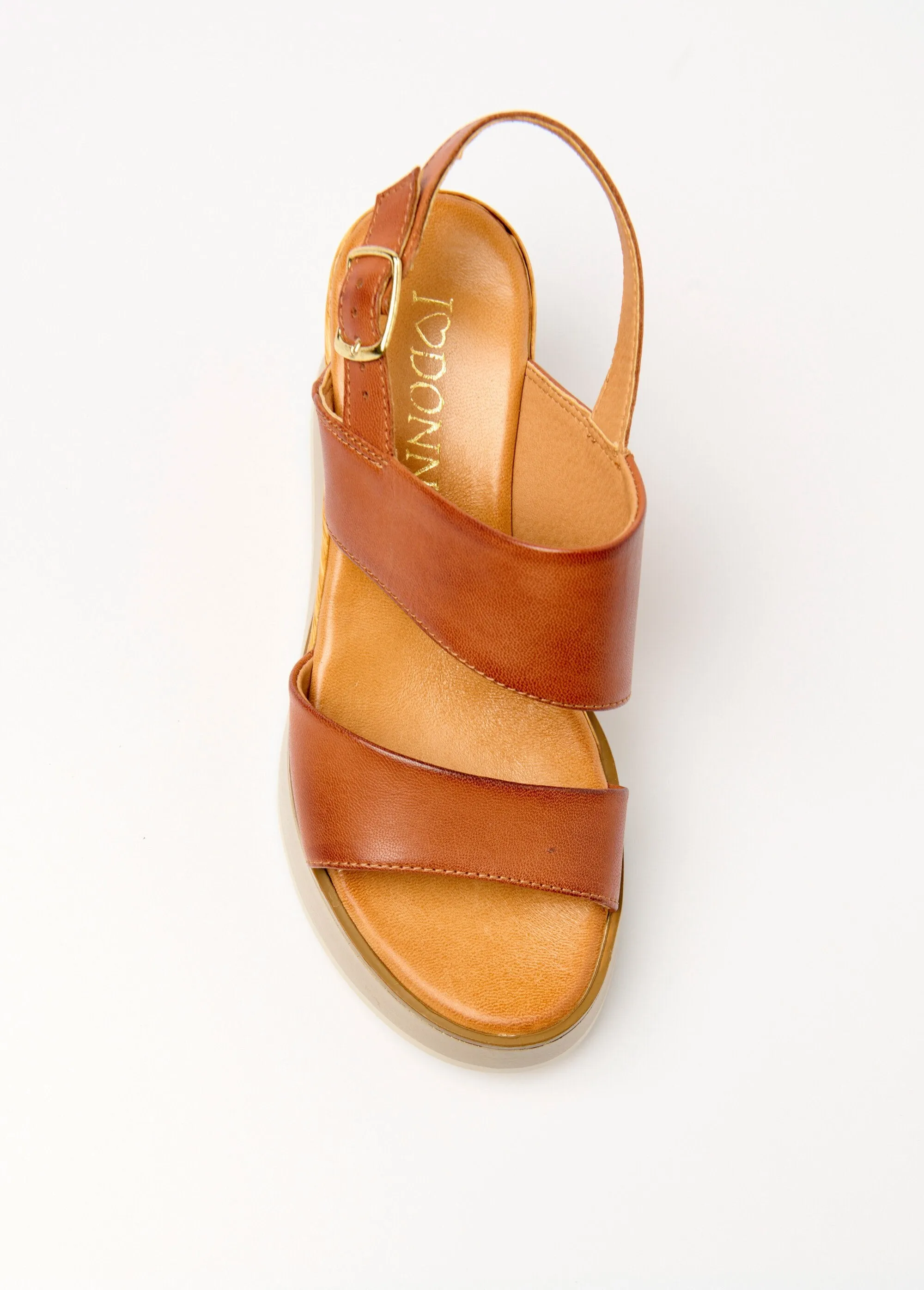Leather wedge sandals, wood-look heel