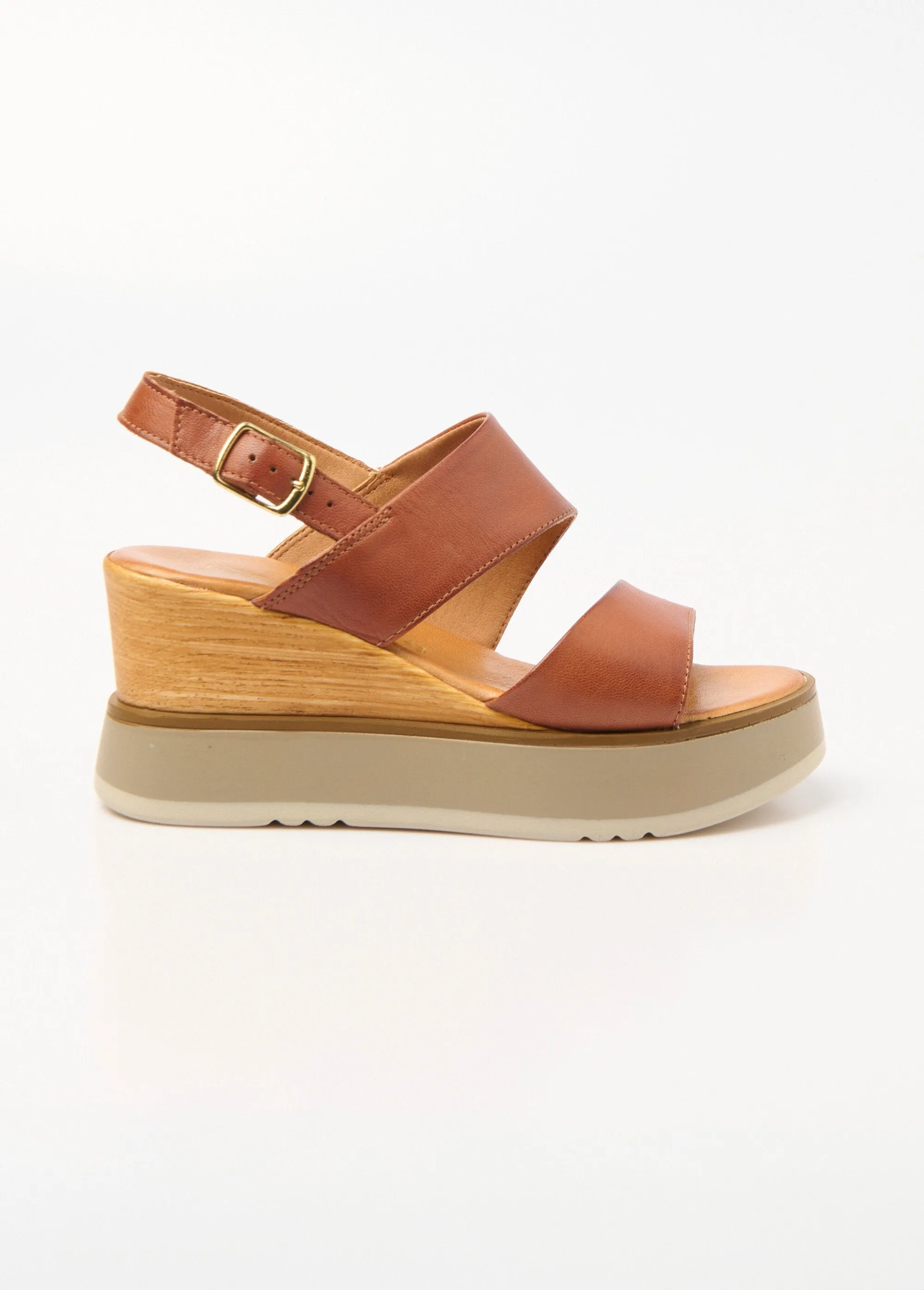 Leather wedge sandals, wood-look heel