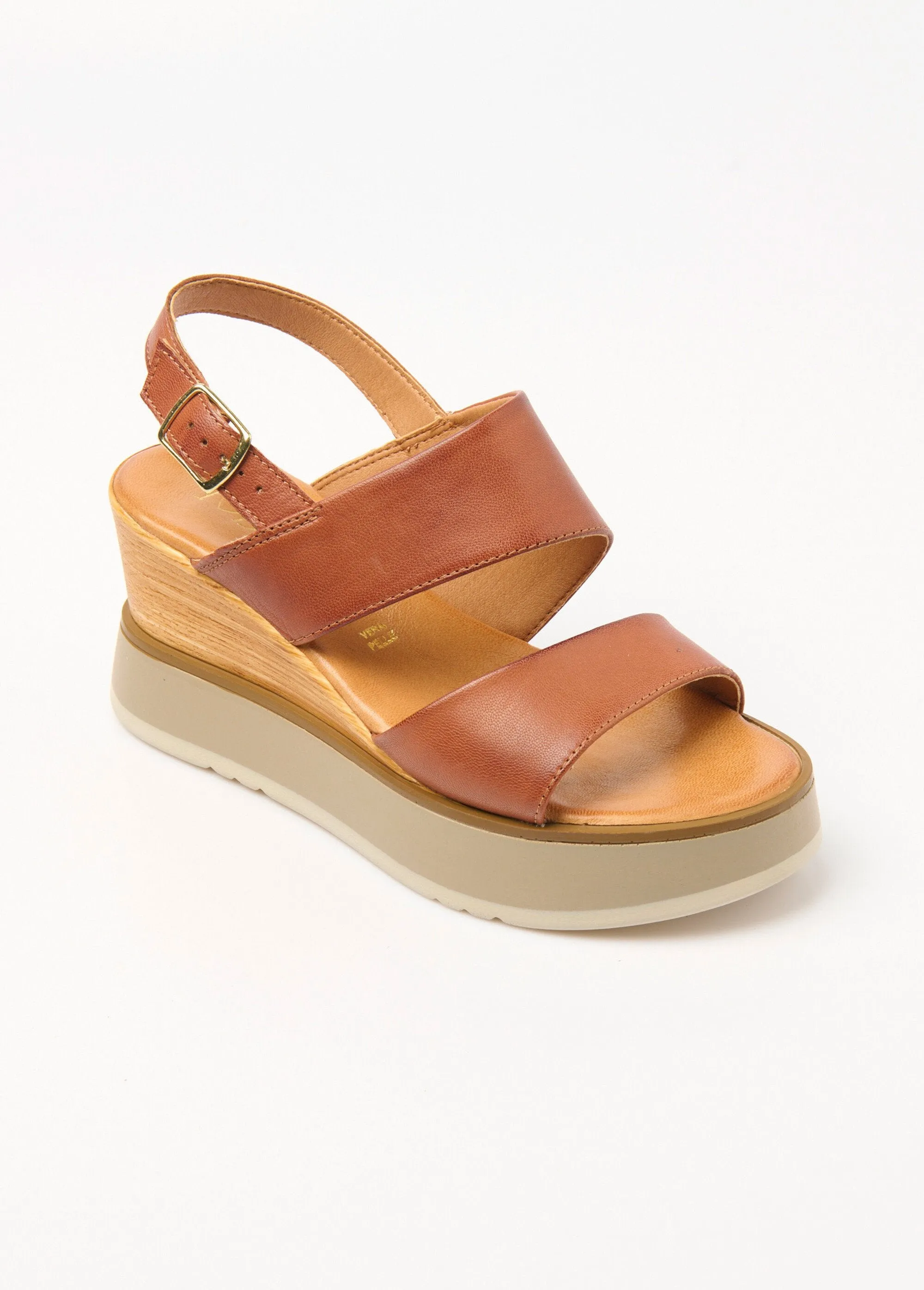 Leather wedge sandals, wood-look heel