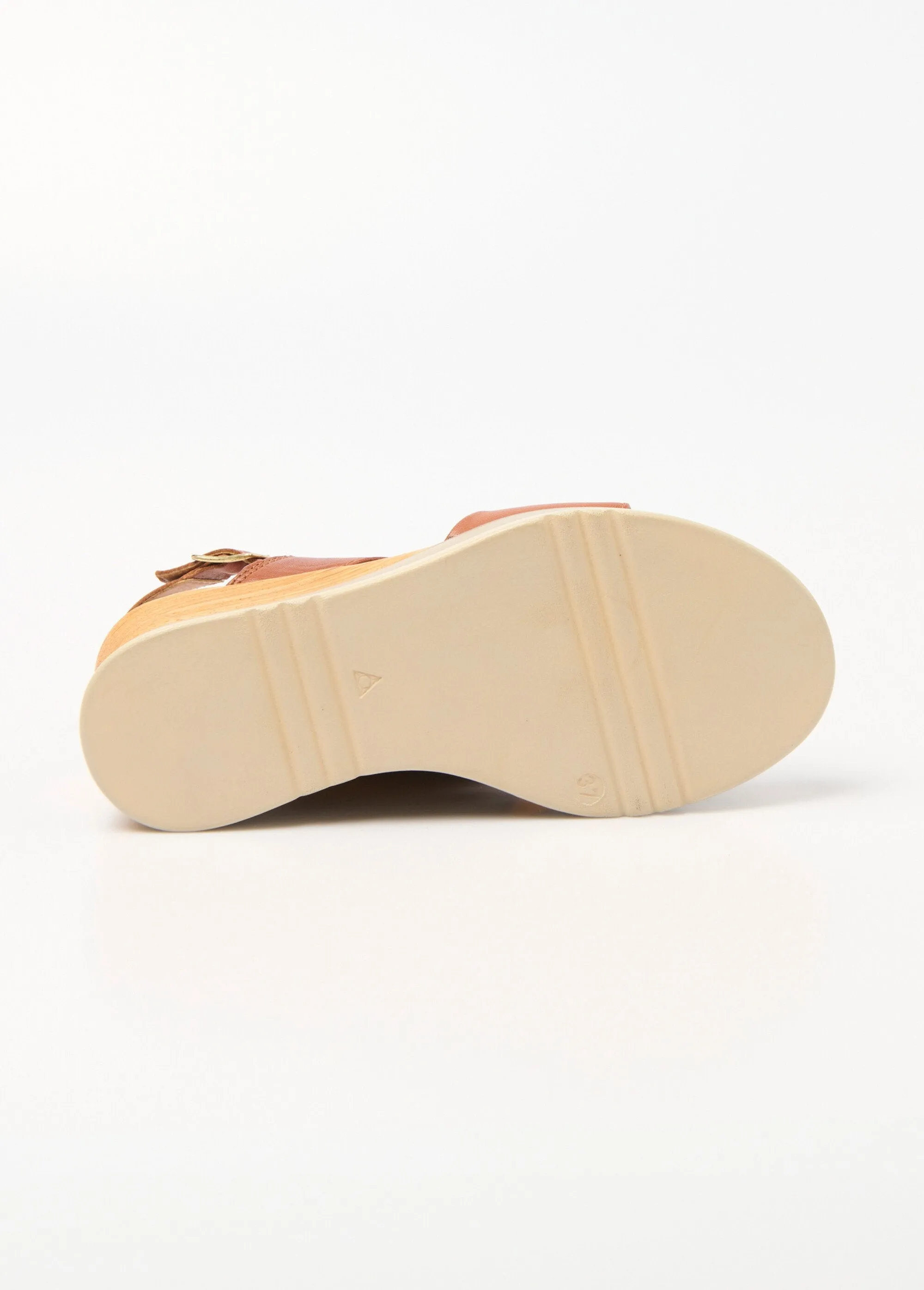 Leather wedge sandals, wood-look heel