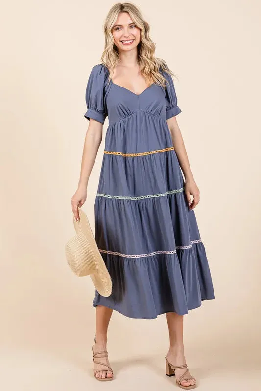 Lime 'N' Chili Trim Detail Puff Sleeve Tiered Maxi Dress