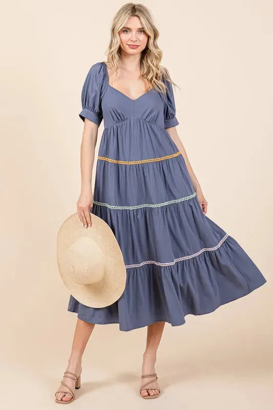 Lime 'N' Chili Trim Detail Puff Sleeve Tiered Maxi Dress