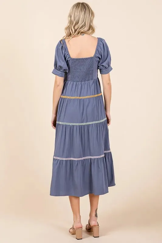 Lime 'N' Chili Trim Detail Puff Sleeve Tiered Maxi Dress
