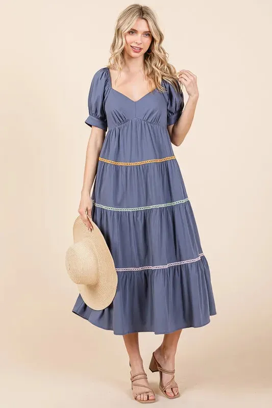 Lime 'N' Chili Trim Detail Puff Sleeve Tiered Maxi Dress