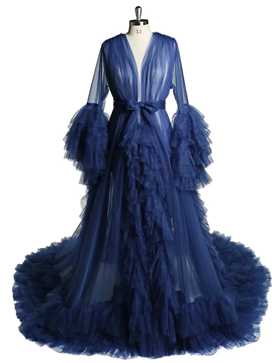 Long Sleeve Ruffled Tulle V Neck Luxury Robe