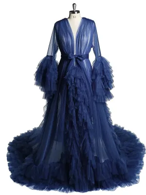 Long Sleeve Ruffled Tulle V Neck Luxury Robe