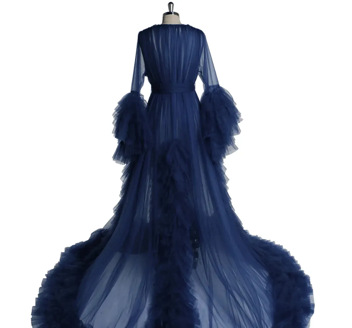 Long Sleeve Ruffled Tulle V Neck Luxury Robe