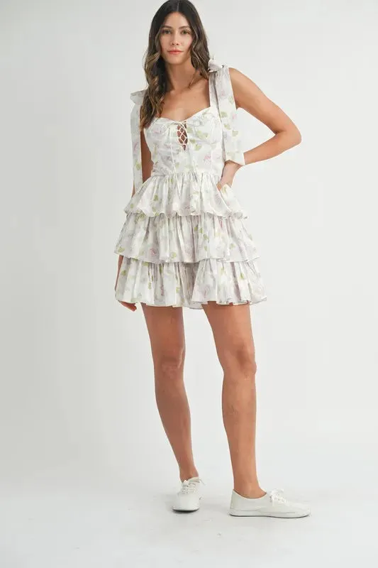 MABLE Floral Print Shoulder Tie Layered Mini Dress