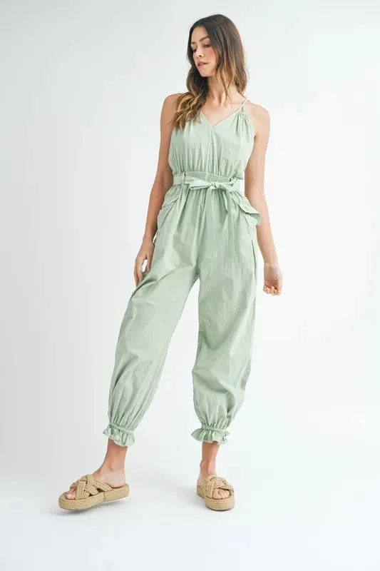 MABLE Washed Fabric Spaghetti Strap Waist Belted Jumpsuit