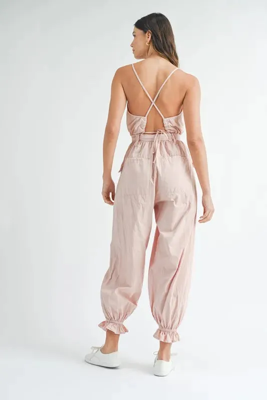 MABLE Washed Fabric Spaghetti Strap Waist Belted Jumpsuit