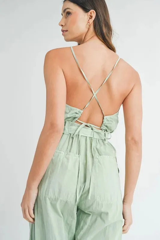 MABLE Washed Fabric Spaghetti Strap Waist Belted Jumpsuit