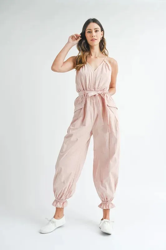 MABLE Washed Fabric Spaghetti Strap Waist Belted Jumpsuit