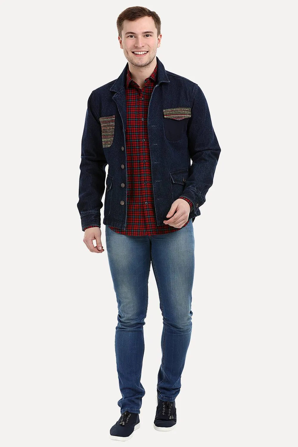 Men's Dark Wash Navy Denim Lapel Jacket