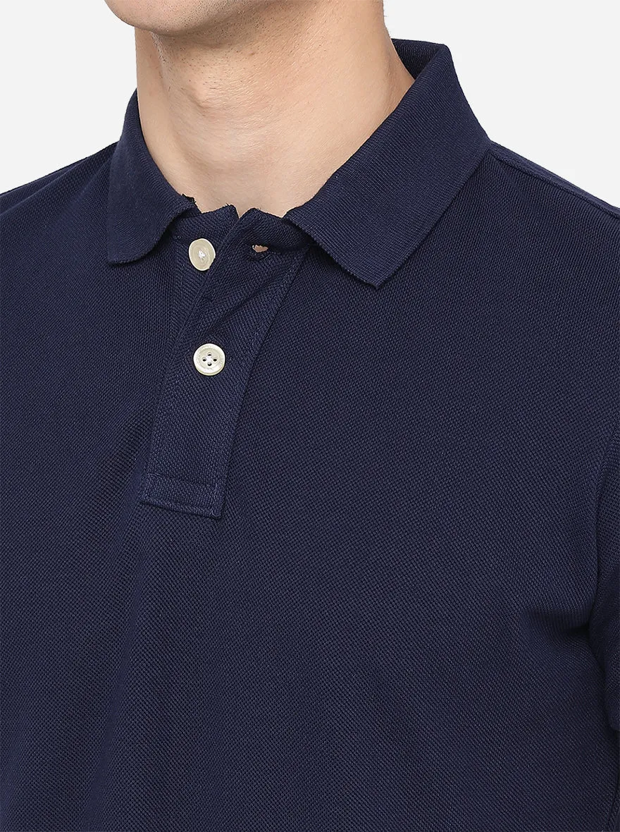 Navy Blue Solid Slim Fit Polo T-Shirt | JadeBlue