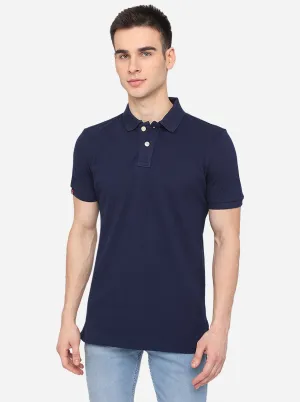 Navy Blue Solid Slim Fit Polo T-Shirt | JadeBlue