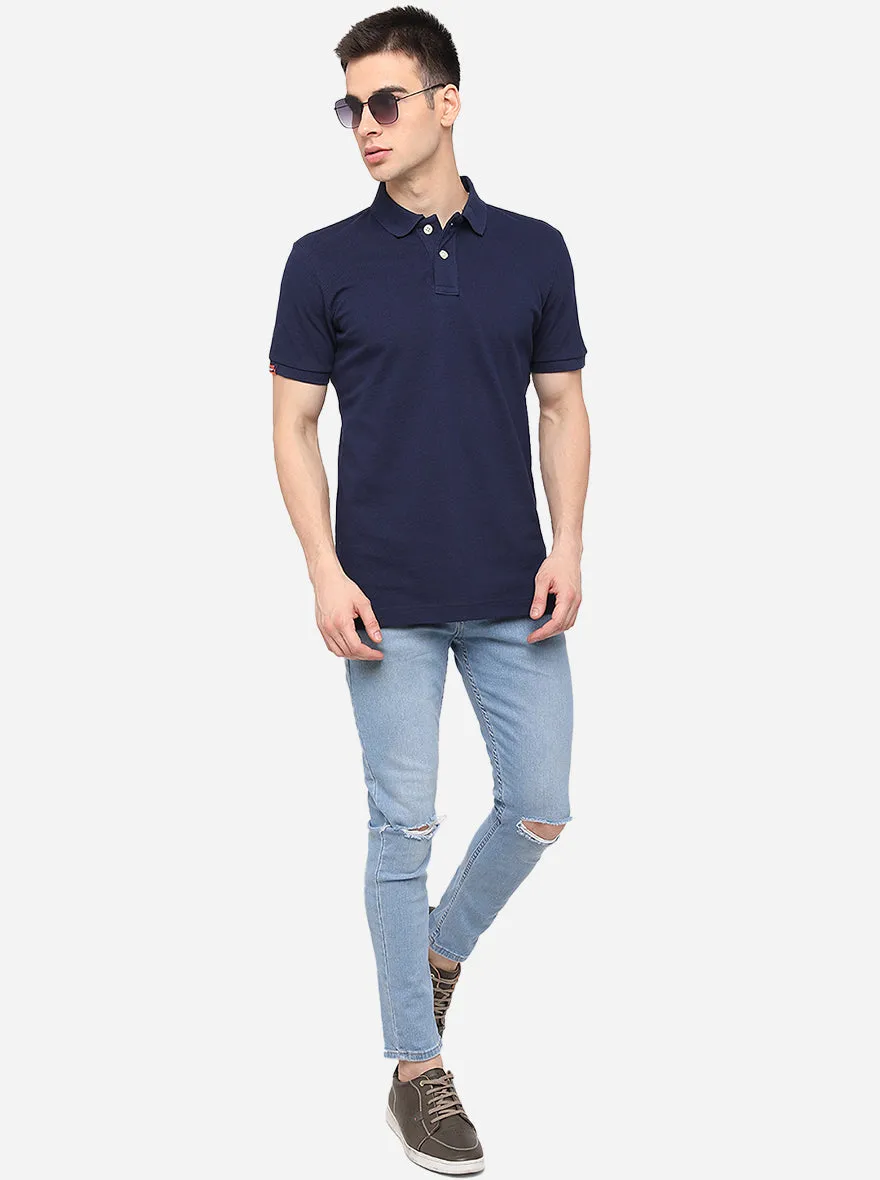 Navy Blue Solid Slim Fit Polo T-Shirt | JadeBlue