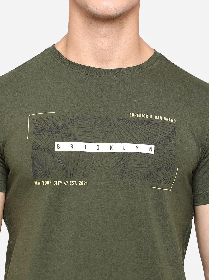 Olive Green Printed Slim Fit T-Shirt | JadeBlue