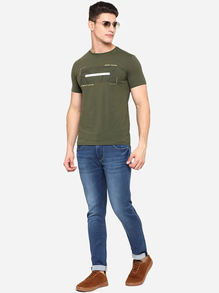 Olive Green Printed Slim Fit T-Shirt | JadeBlue