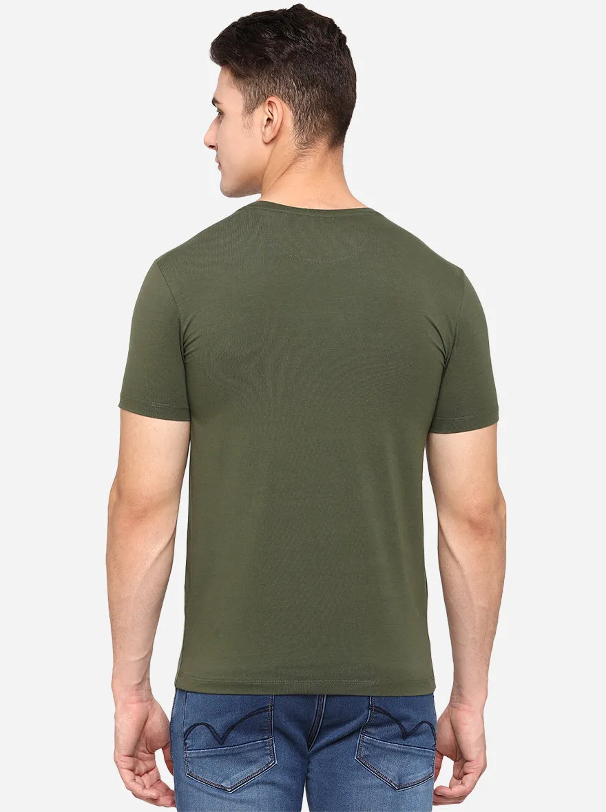 Olive Green Printed Slim Fit T-Shirt | JadeBlue