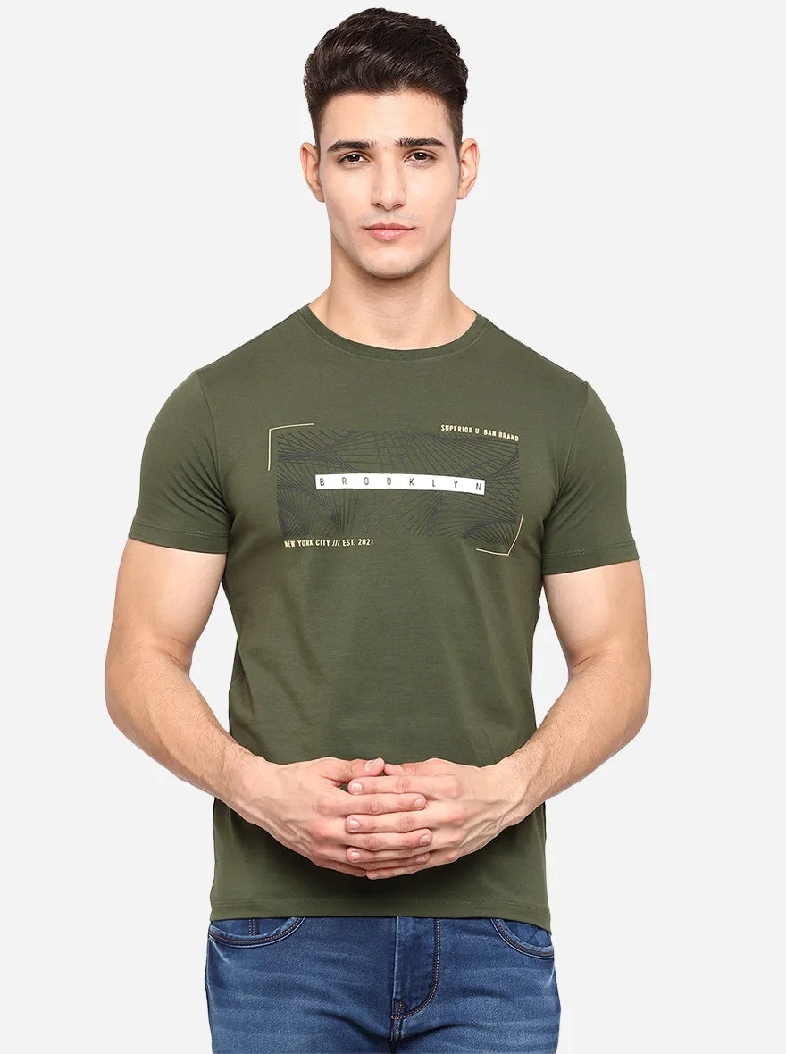 Olive Green Printed Slim Fit T-Shirt | JadeBlue