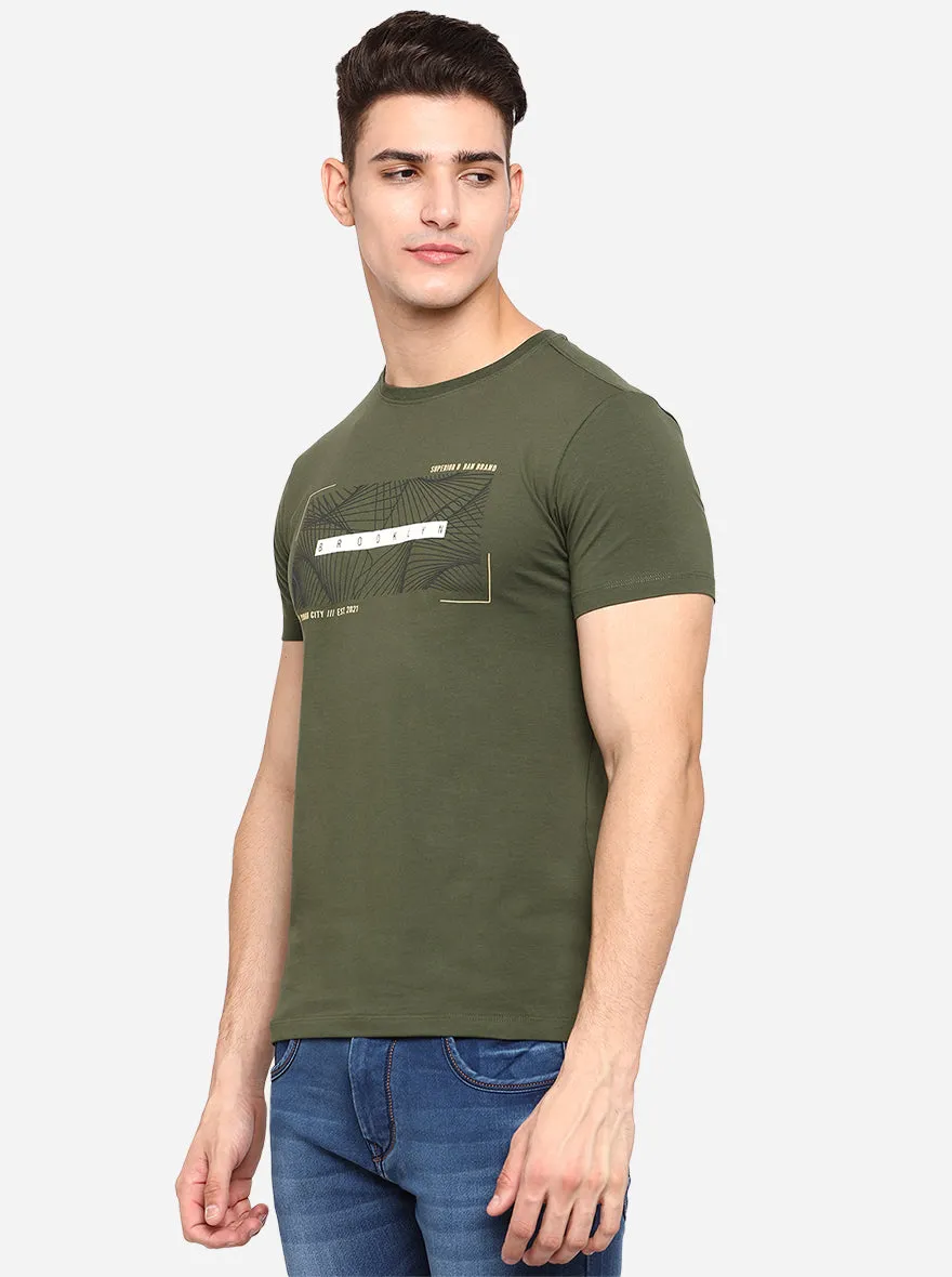 Olive Green Printed Slim Fit T-Shirt | JadeBlue