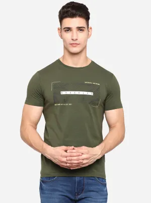 Olive Green Printed Slim Fit T-Shirt | JadeBlue