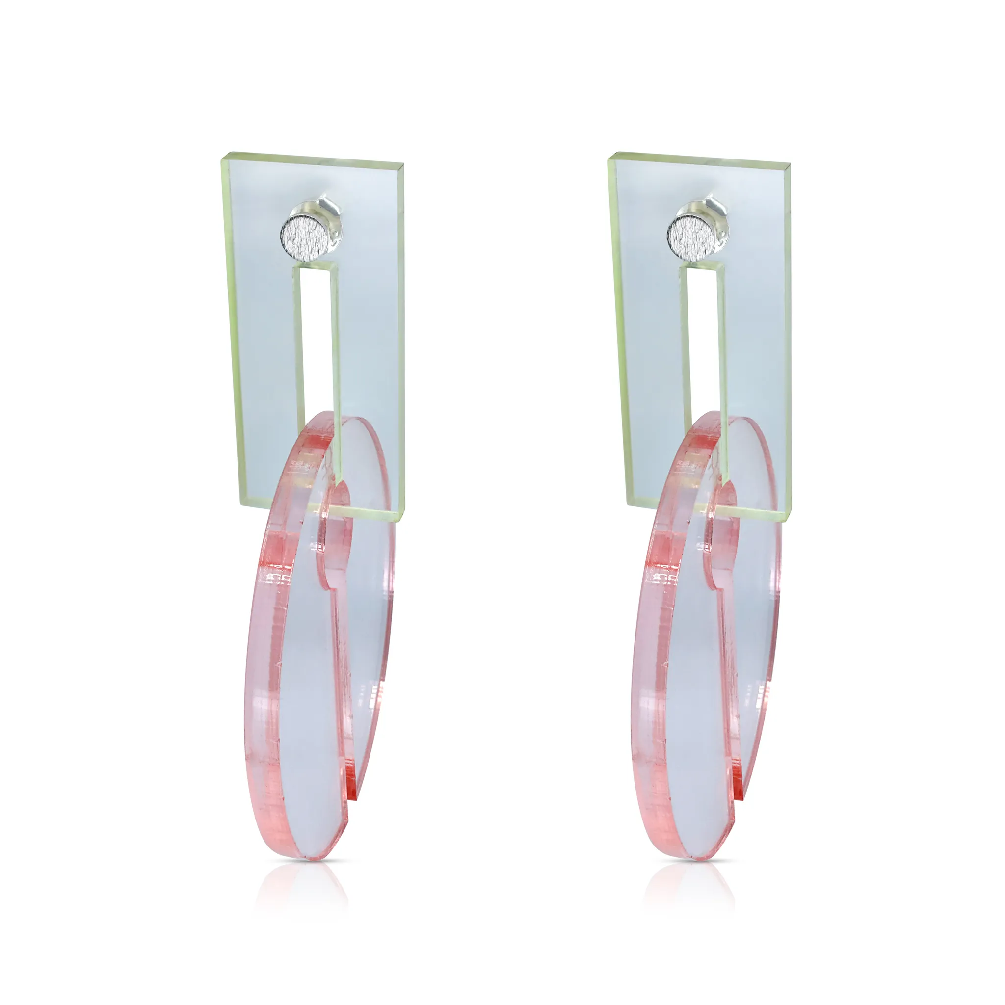 Pink and Green Plexiglass and Silver Earrings