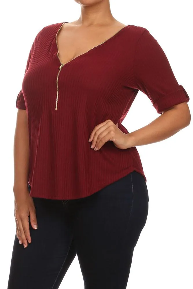 Plus Size Trendy Zipper Collar Ribbed Burgundy Top