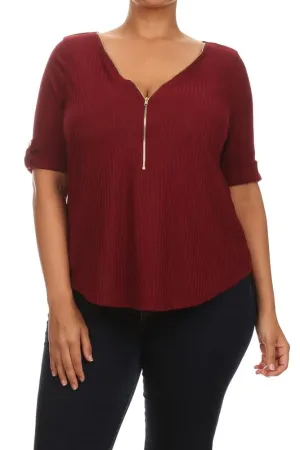 Plus Size Trendy Zipper Collar Ribbed Burgundy Top