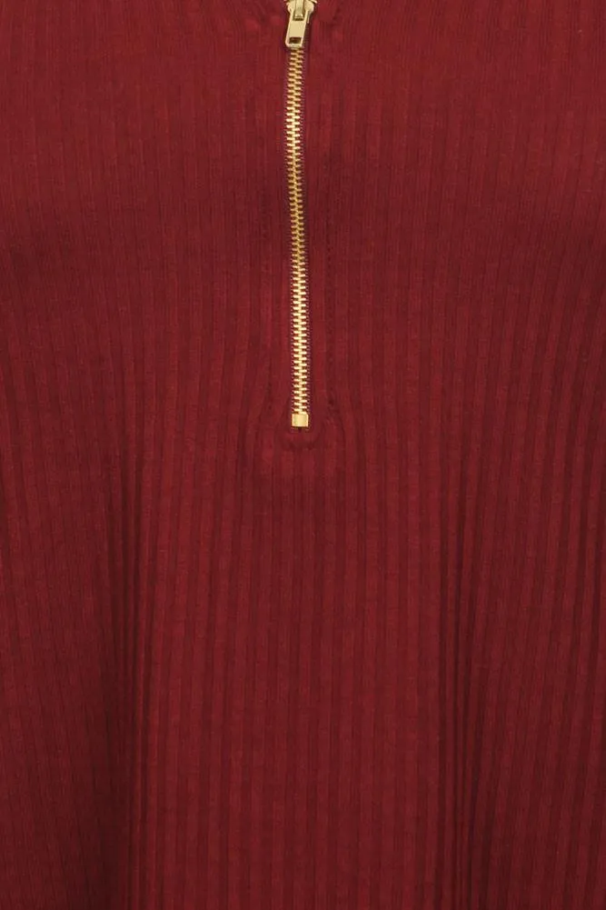 Plus Size Trendy Zipper Collar Ribbed Burgundy Top