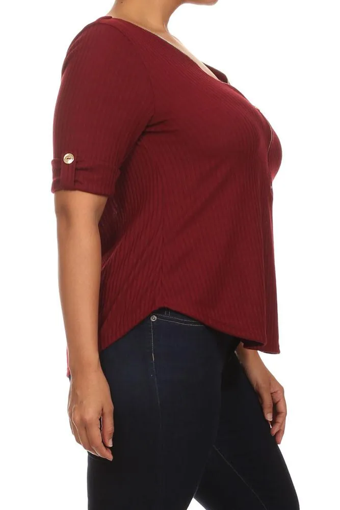 Plus Size Trendy Zipper Collar Ribbed Burgundy Top