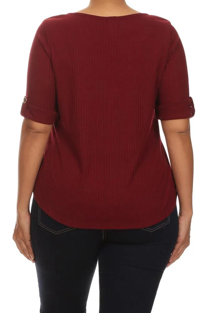 Plus Size Trendy Zipper Collar Ribbed Burgundy Top