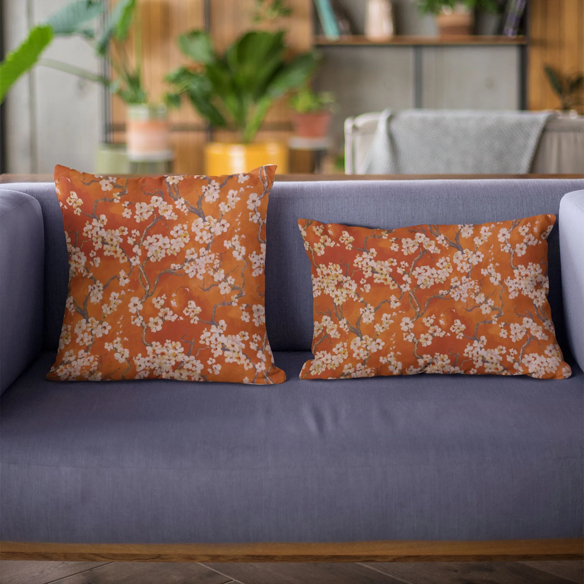 Plutus Persimmon Garden Cherry Blossoms Printed On A Linen Looking Polyester. Luxury Throw Pillow
