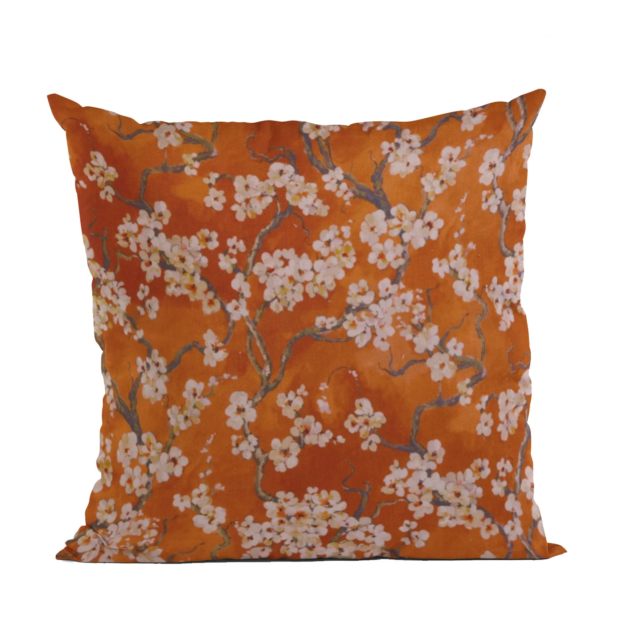 Plutus Persimmon Garden Cherry Blossoms Printed On A Linen Looking Polyester. Luxury Throw Pillow