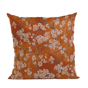Plutus Persimmon Garden Cherry Blossoms Printed On A Linen Looking Polyester. Luxury Throw Pillow
