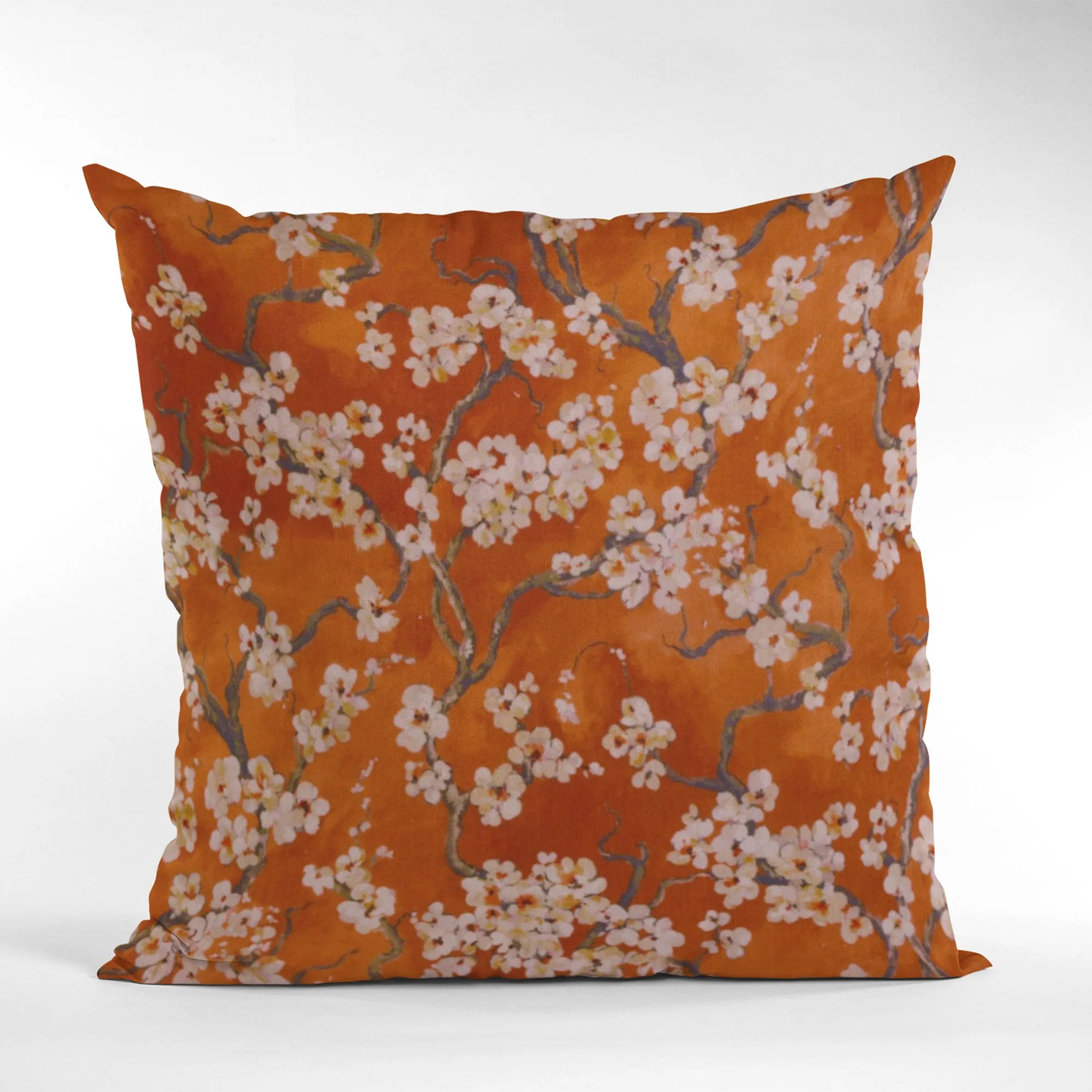Plutus Persimmon Garden Cherry Blossoms Printed On A Linen Looking Polyester. Luxury Throw Pillow