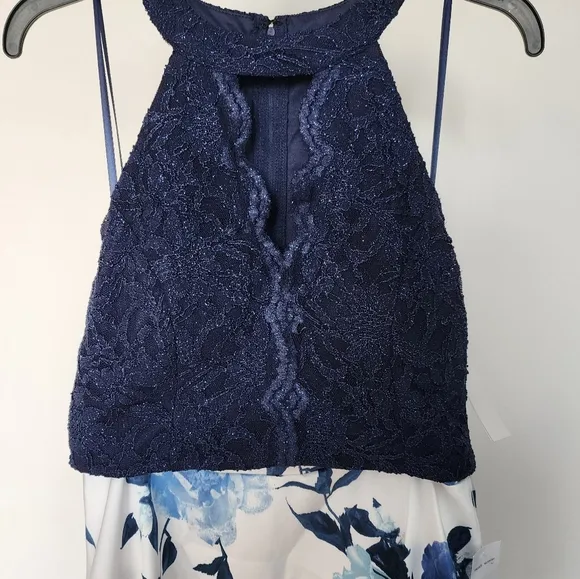 Prom Dress City Studio Juniors Lace Halter Top &amp; Long Floral Skirt White &amp; Blue