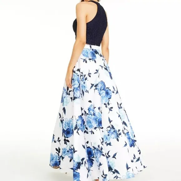 Prom Dress City Studio Juniors Lace Halter Top &amp; Long Floral Skirt White &amp; Blue