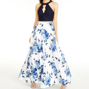 Prom Dress City Studio Juniors Lace Halter Top &amp; Long Floral Skirt White &amp; Blue
