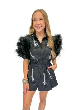 Queen of Sparkles Black Guitar Feather Sleeve Romper