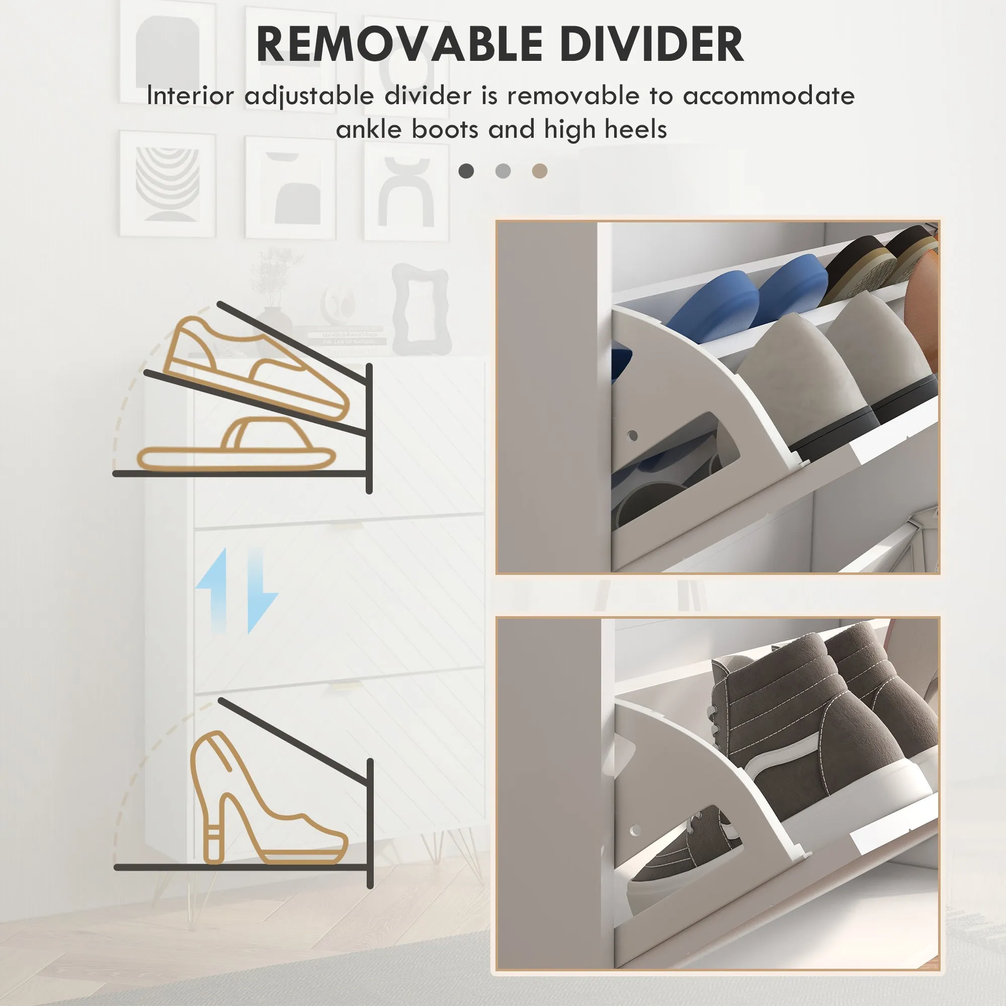 Shoe Sanctuary: Modern White Cabinet with 3 Flip Drawers, 8 Vents, Narrow Design for 18 Pairs, Entryway Organizer