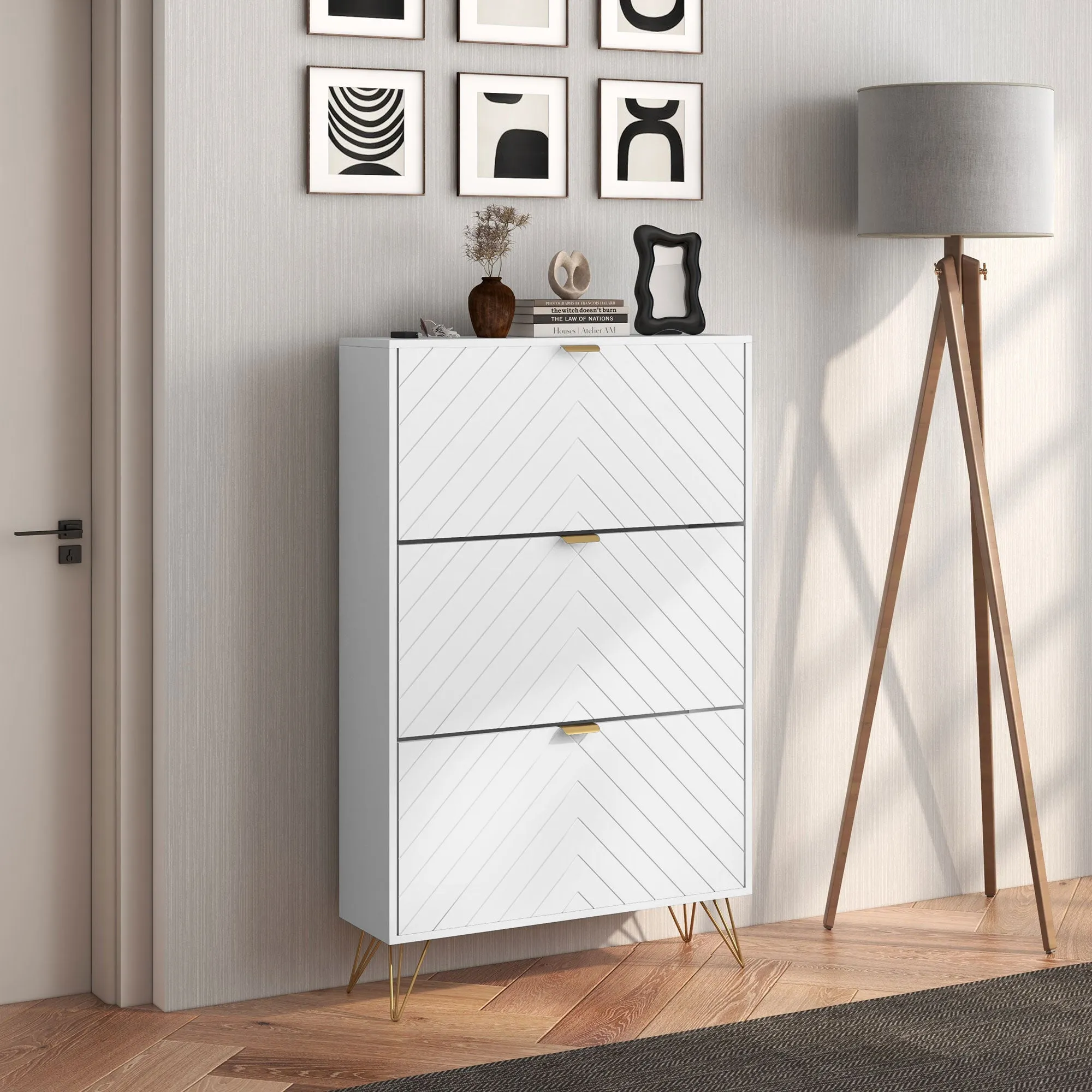 Shoe Sanctuary: Modern White Cabinet with 3 Flip Drawers, 8 Vents, Narrow Design for 18 Pairs, Entryway Organizer