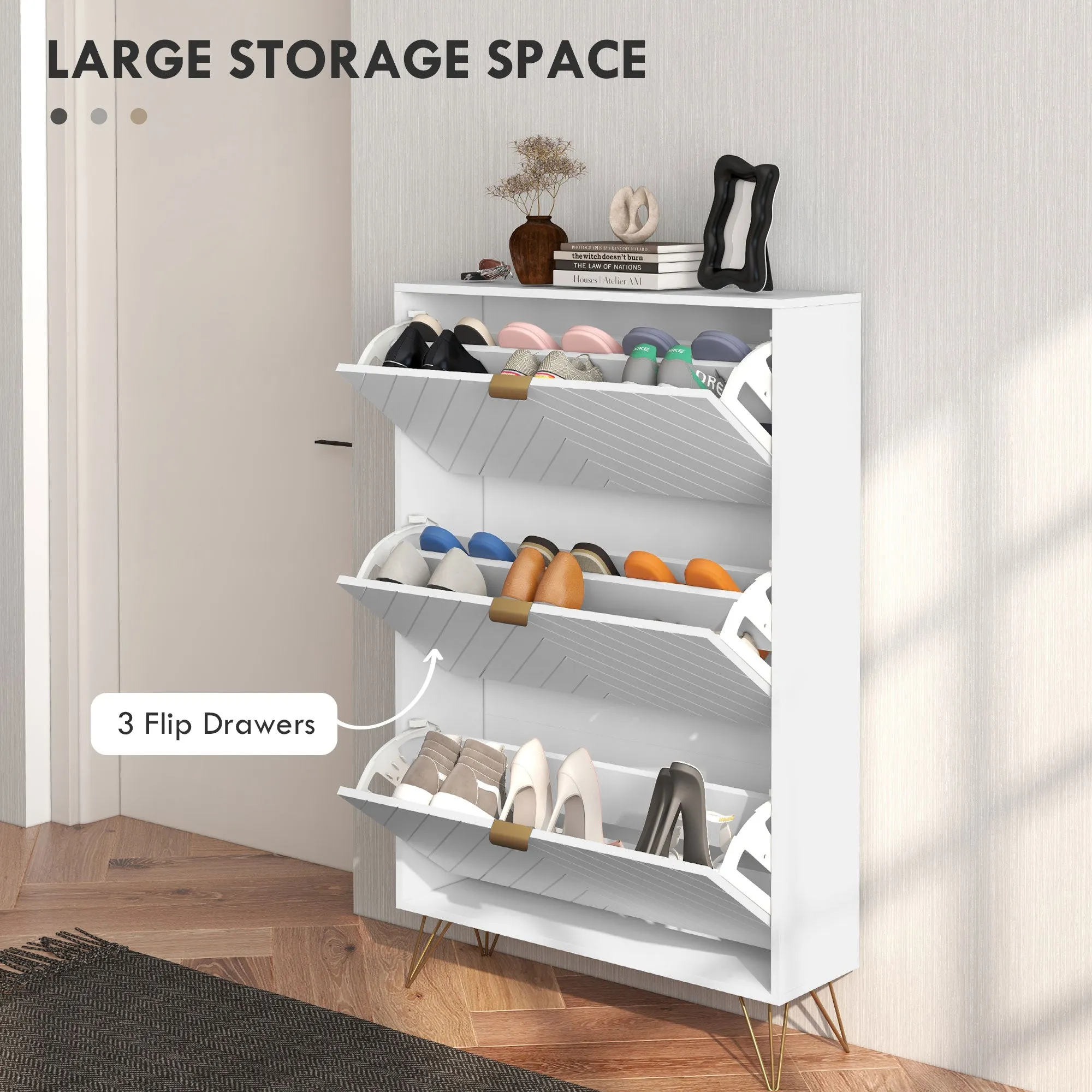 Shoe Sanctuary: Modern White Cabinet with 3 Flip Drawers, 8 Vents, Narrow Design for 18 Pairs, Entryway Organizer