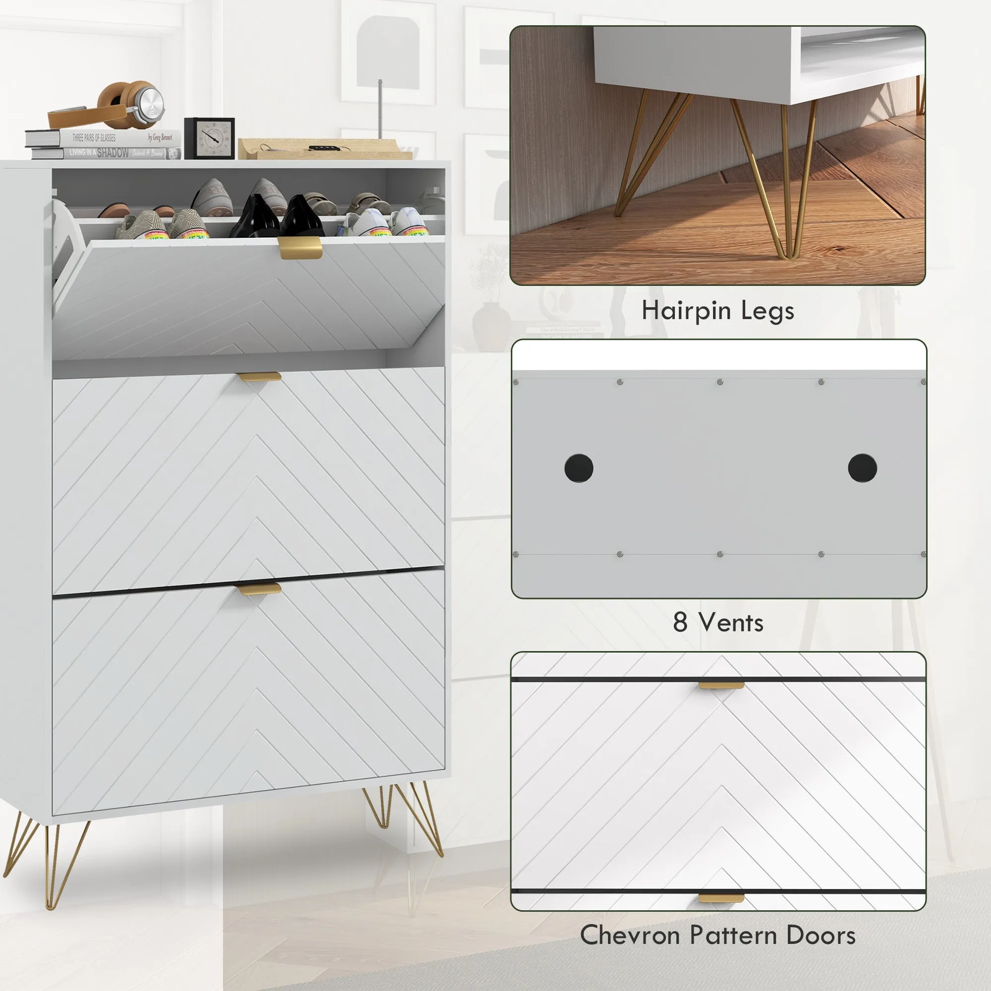 Shoe Sanctuary: Modern White Cabinet with 3 Flip Drawers, 8 Vents, Narrow Design for 18 Pairs, Entryway Organizer