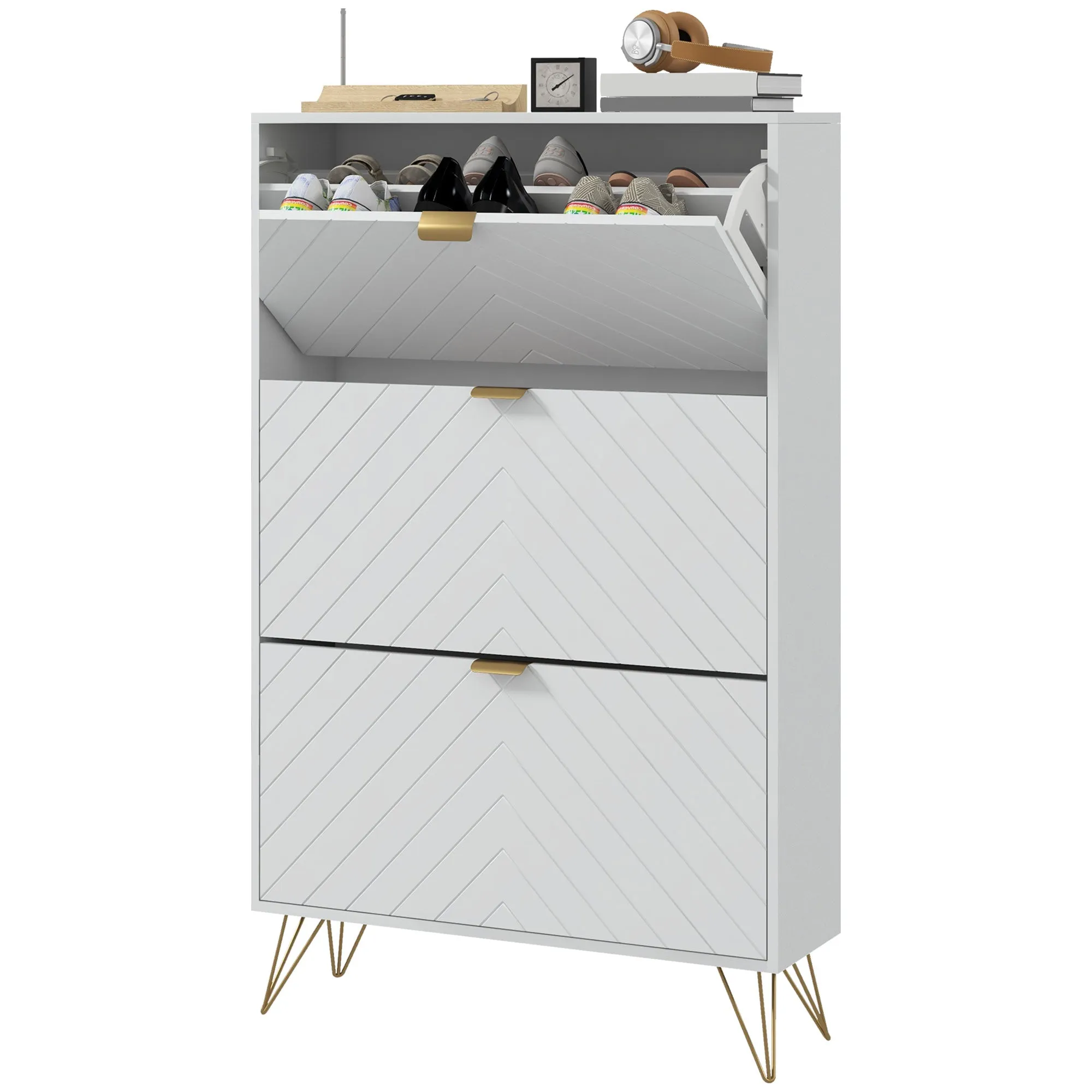 Shoe Sanctuary: Modern White Cabinet with 3 Flip Drawers, 8 Vents, Narrow Design for 18 Pairs, Entryway Organizer