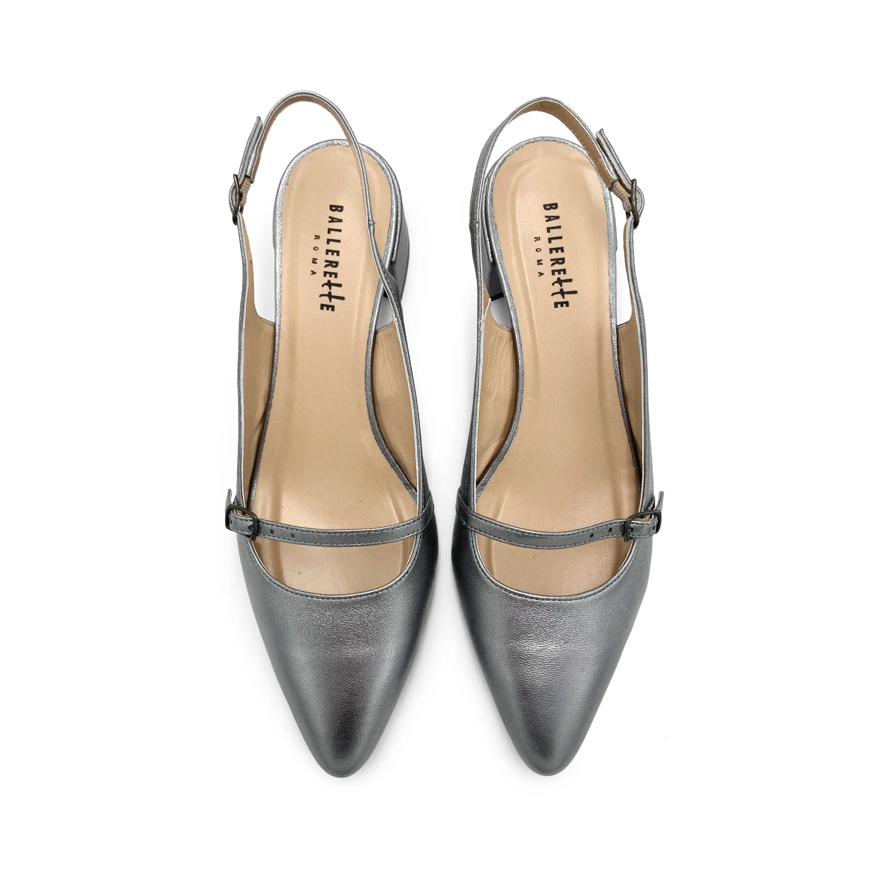 Silver Leather Mary Jane Slingback Ballet Flats with Heel