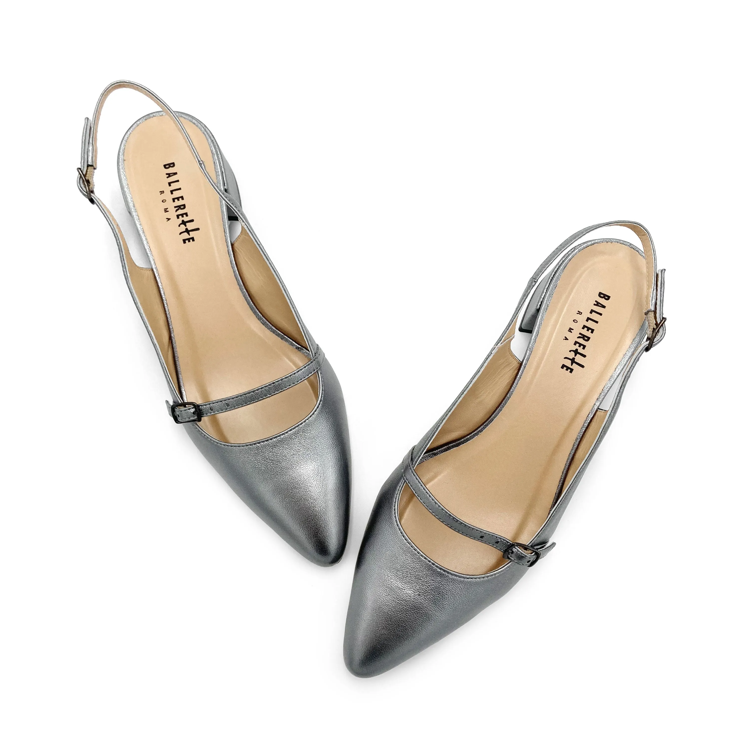 Silver Leather Mary Jane Slingback Ballet Flats with Heel